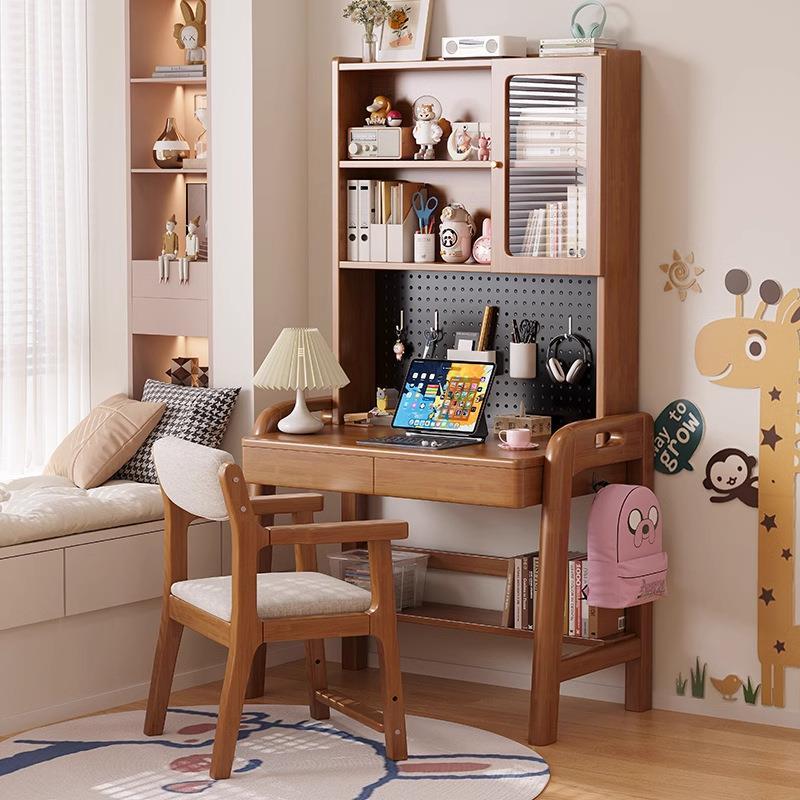 Solid wood children's study table desk bookshelf integrated student desk home simple writing desk hole board computer desk