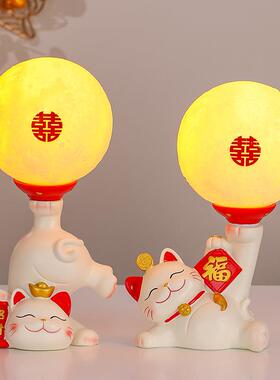 中式招财猫台灯床头灯主卧桌灯创意充电小夜灯结婚气氛灯婚庆装饰