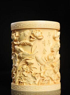 黄杨木年年有余圆形笔筒红木摆件创意雕刻桌面收纳长辈老师送礼