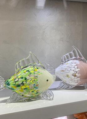 琉璃鱼厚重玻璃对嘴鱼摆件中式轻奢招财工艺品家居样板房软装饰品