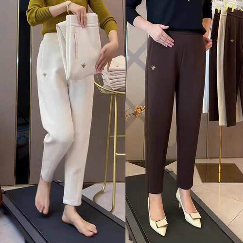 米白色九分哈伦裤女时尚春春秋季新款高腰空气棉女裤萝卜休闲裤子 - 图2