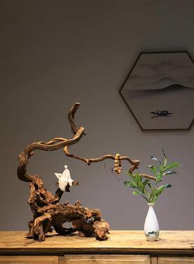 枯木风化根雕新中式禅意桌面摆件玄关电视柜边几茶桌创意家居装饰