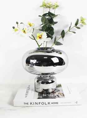 现代简约电镀银色彩色蓝色玻璃花瓶样板间售楼处餐桌花器玄关摆件