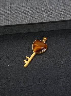 亚马逊新品天然紫水晶粉晶虎眼石爱心吊坠桃心合金钥匙项链