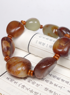 一元起拍保真新疆和田玉红沁籽料独籽枣红皮随型原石手串95.90g