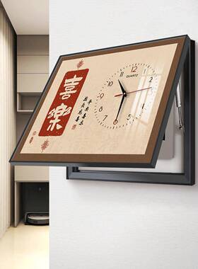 新中式电表箱装饰画带钟表饭厅遮挡电闸弱电源时钟开关盒挂画字画