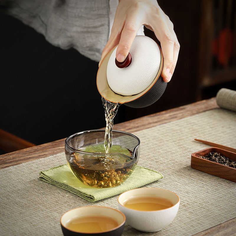 记今朝《黑白配》粗陶旅行茶具套装一壶二杯便携式户外泡茶器礼品 - 图1