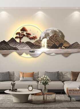 现代生财背景挂画客厅led装饰画流水简约墙奢画灯迎客松轻沙发带
