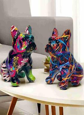 跨境新品创意炫彩斗牛犬树脂工艺品摆件家居客厅玄关酒柜装饰品