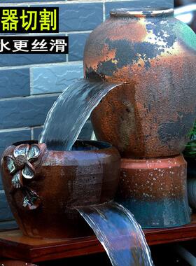 复古流水瀑布增氧循环过滤罐古法缸低吸水泵老罐子旧坛子养鱼瀑布