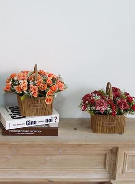 ins牡丹玫瑰花束花篮仿真花假花摆件客厅桌面花艺装饰摆设手提篮