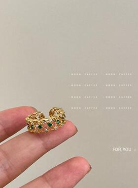 复古祖母绿色宝石锆石微镶花朵蕾丝金属戒指小众设计感气质指环女