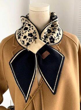 Warm Cashmere Neck Tie Scarf For Women Plaid Neckerchief Kni