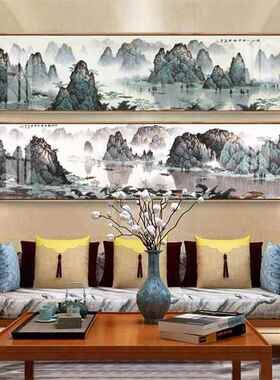 中式山水风景卧室横向装饰画新中式风格水墨江南国画床头挂画