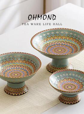 OHMOND | 珐琅彩中式莲花高脚陶瓷茶点盘 家用水果盘精致供品盘子