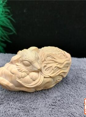小杨叶黄木雕手VNC把玩随身文玩手把装件狐狸刻茶宠车小摆件家居