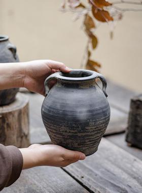 黑陶覆古花瓶粗陶简约艺术客厅桌面陶瓷摆件冬青干花装饰插花花器