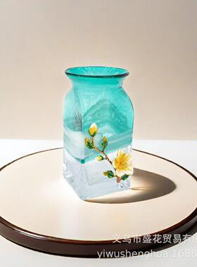 创意全合金珐琅透明玻璃装饰花瓶现代简约商场酒店装饰水培植物