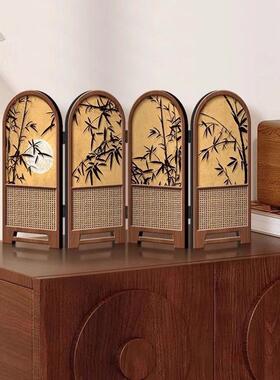 小屏风摆件中古风竹子新款桌面摆台画折叠折屏高级感电视柜装饰画