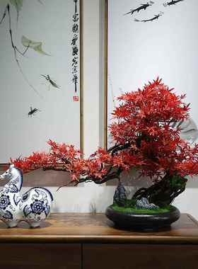 新中式彷真迎客松摆件实木客厅玄关民宿办公室酒店盆景绿植装饰品