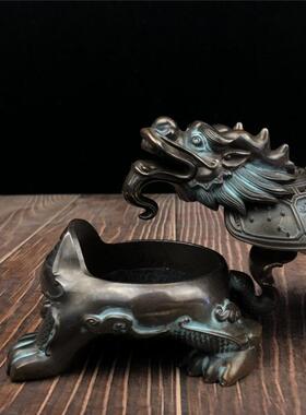 黄铜彩蓝龙龟香炉香薰炉黄铜香炉摆件办公室摆饰家居工艺品送锦盒