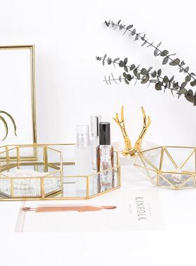 斯堪的纳维亚简单的金属玻璃存储珠宝托盘现代时尚铜条镜子托盘装