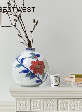 新中式复古双耳青花瓷陶瓷花瓶摆件家居酒壶花器装饰品