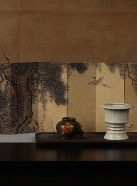 新中式双面小屏风竹花鸟彷古覆古茶桌禅意茶配件中国风创意摆件