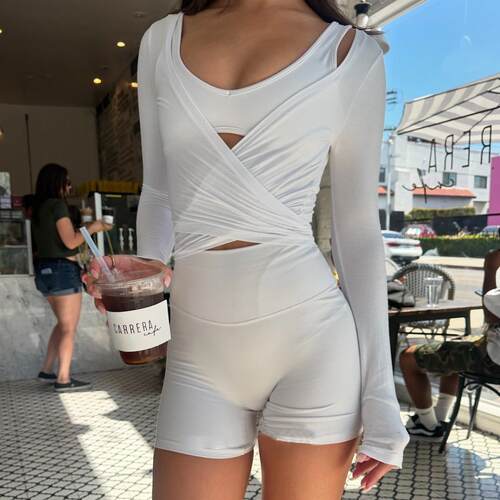 Women Cross Wrap Tie Top Long Sleeve Deep V Neckfit Workout - 图0
