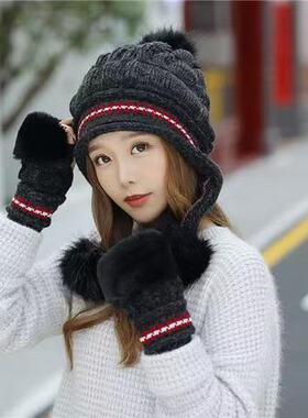 长白山东北防寒可爱护耳套头帽子女款加绒加厚手套套装防风保暖