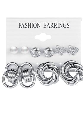 earrings women合金耳环套装银色几何形个性夸张耳环嵌珍珠耳环