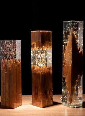 北欧高档创意天然实木树脂灯轻奢卧室样板间装饰发光摆件家居饰品