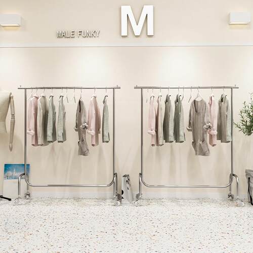 服装店展示架落地式不锈钢拉丝银色挂衣杆带轮子中岛架女装店货架 - 图0