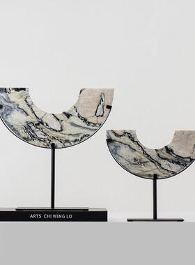 新中式大理石半月半玉璧摆件高档茶楼酒店客厅玄关别墅装饰工艺品