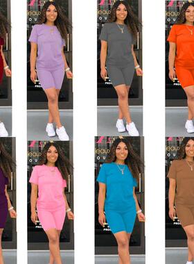 Two-Piece Set Women'S Plain Round Neck Tee & Skinny Shorts