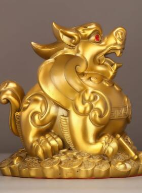 铜貔貅摆件黄铜金钱皮丘客厅桌面旺财貔貅办公室前台招财大号貔貅