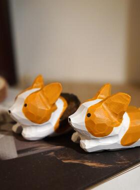 飞行柯基手工木雕小装饰品卡通动物工作站桌面可爱的解压显示装饰