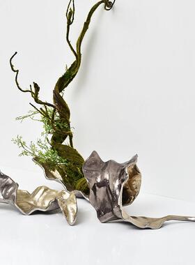 进口铝制枯树叶状花器摆件新中式覆古轻奢样板间客厅果盘烛台装饰