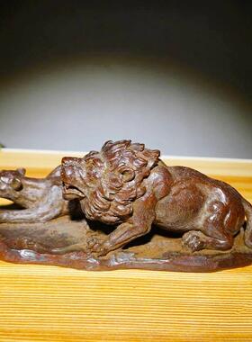 纯铜器实心狮子香插紫铜手把件茶宠文镇纸小摆件仿古回流