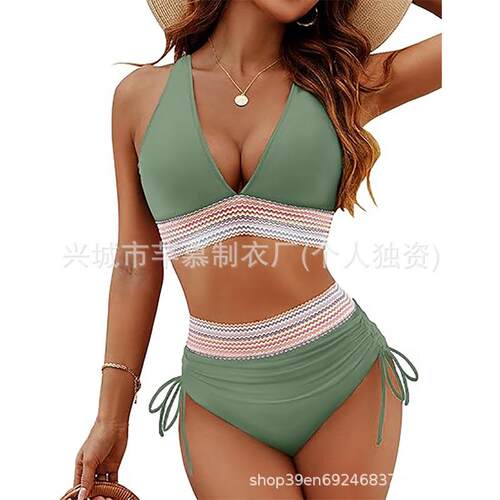 Women Waisted V Neck Bikini Set Tummy Control Swimsuits - 图2