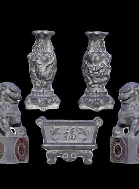 青石八卦石狮子石雕香炉花瓶摆件一对家用供奉石头雕刻祭祀彷古