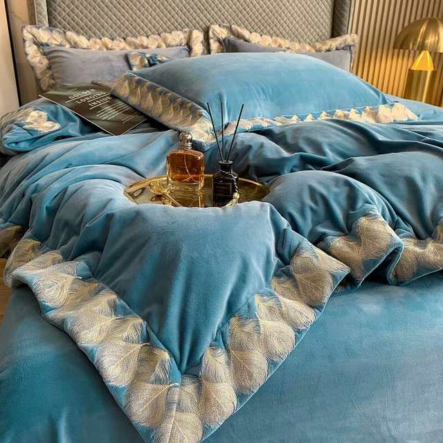 European style high-end thickened milk velvet bed four-piece set warm coral velvet sheets and quilt cover luxury bedding products
