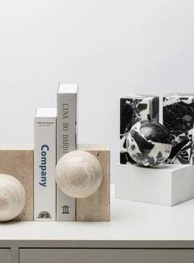 现代轻奢大理石书档摆件样板间书房几何洞石书立架装饰品展示柜书