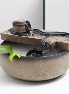 流水摆件风水轮时来运转生财茶室公司雾化加湿USB新中式造景装饰