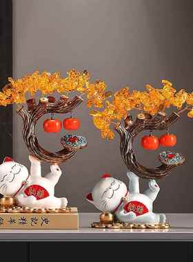 福鹿招财猫发财树摆件客厅玄关酒柜电视柜装饰品乔迁新居开 业礼