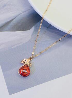 红色石榴石钱袋子吊坠小众设计中国风高级感项链福袋挂件锁骨链女