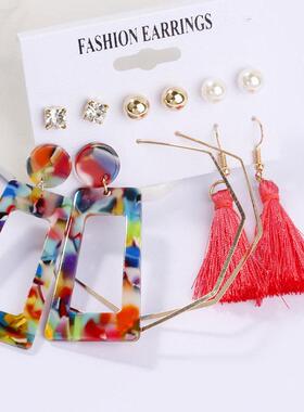 Women Earrings Set Pearl Crystal Stud Earrings夸张流苏潮耳环