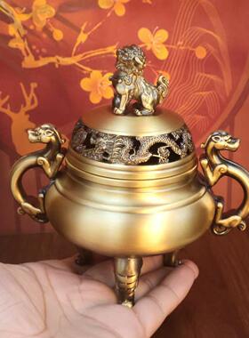 森舍黄铜龙凤狻猊香炉象足带盖麒麟镇宅香炉家用双耳三足鼎香薰炉