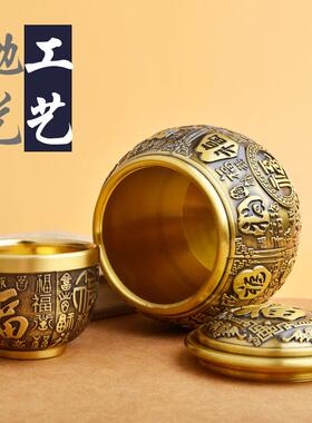 纯全黄铜米缸大带盖聚宝盆铜缸复古百福杯精雕聚财桌面摆件烟灰缸