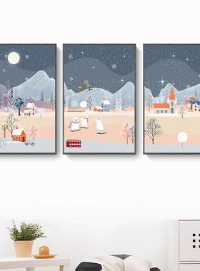 现代简约装饰画卡通雪景雪地动物儿童房可爱挂画三联儿童乐园壁画